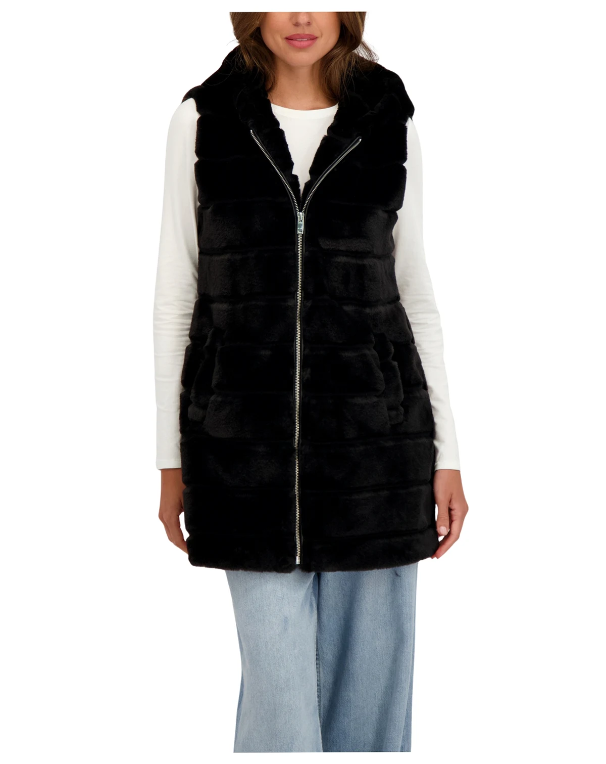 Women's Hooded Grooved 3/4 Faux Fur Vest