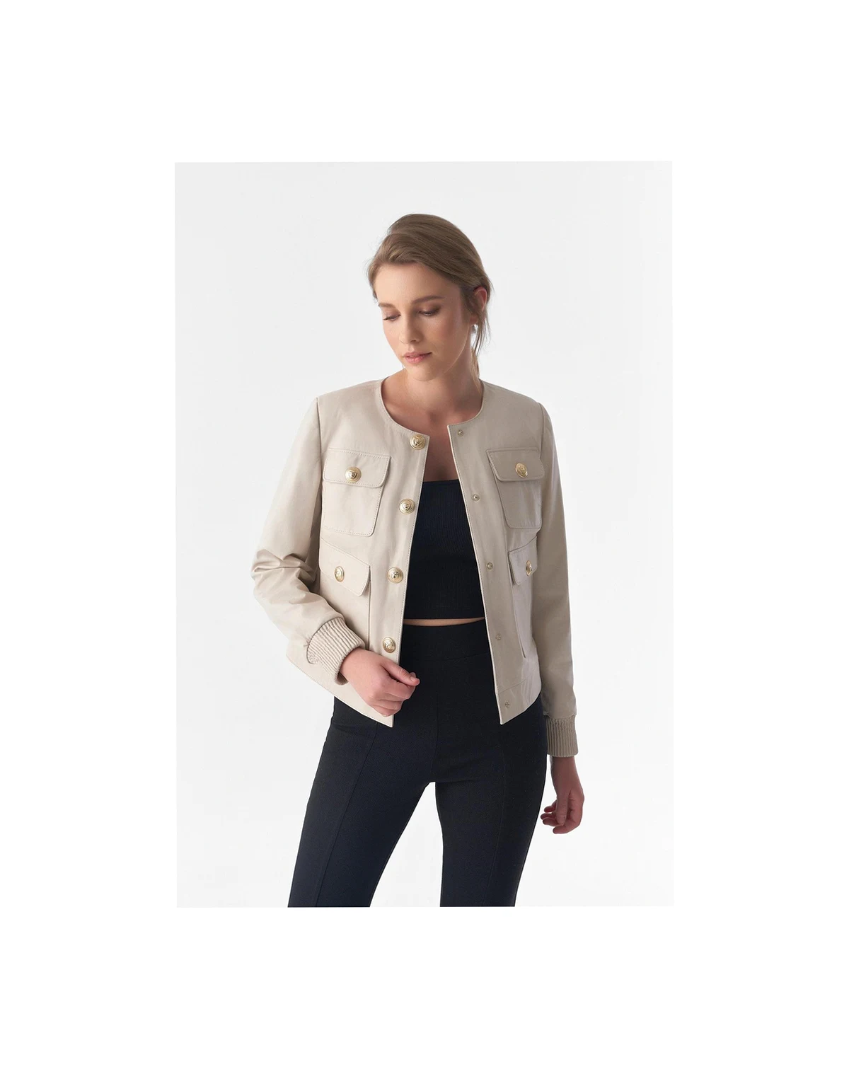 Women's Collarless Stunning Studs Closure Leather Jacket, Beige