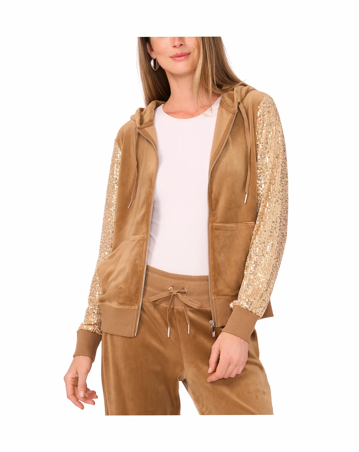 Women's Velour Sequin Long-Sleeve Zip-Front Hoodie Jacket