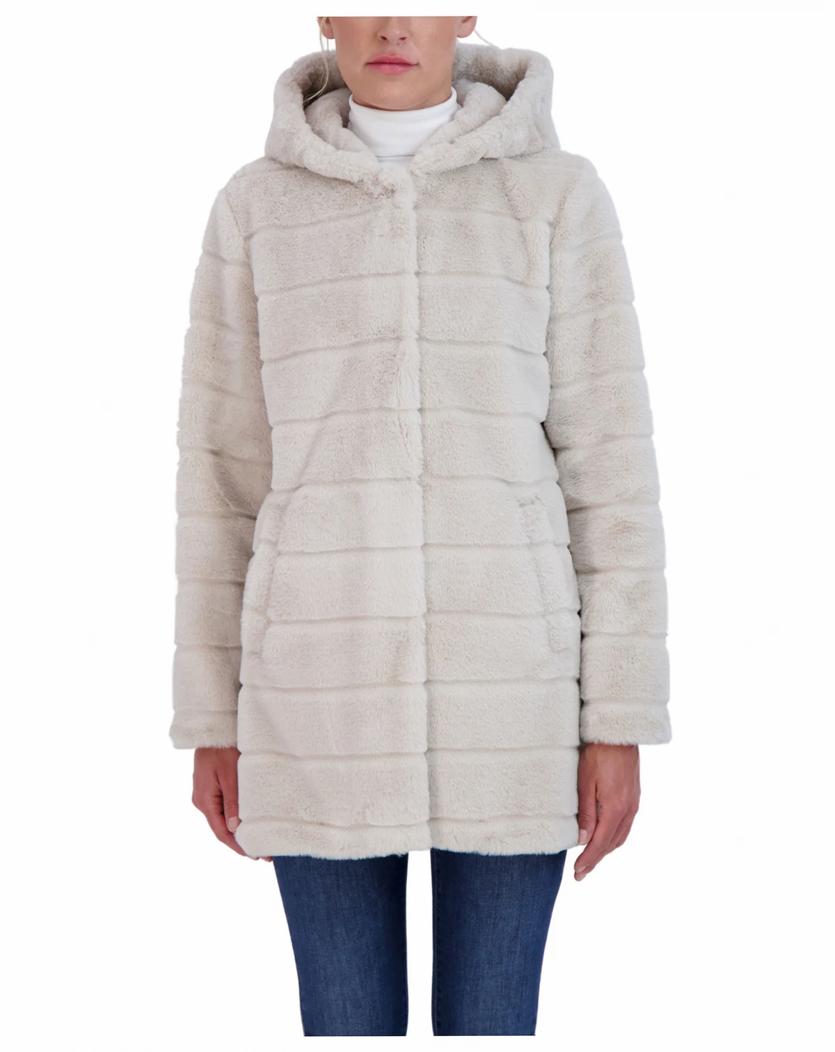 Women's Hooded Grooved Faux Fur Coat