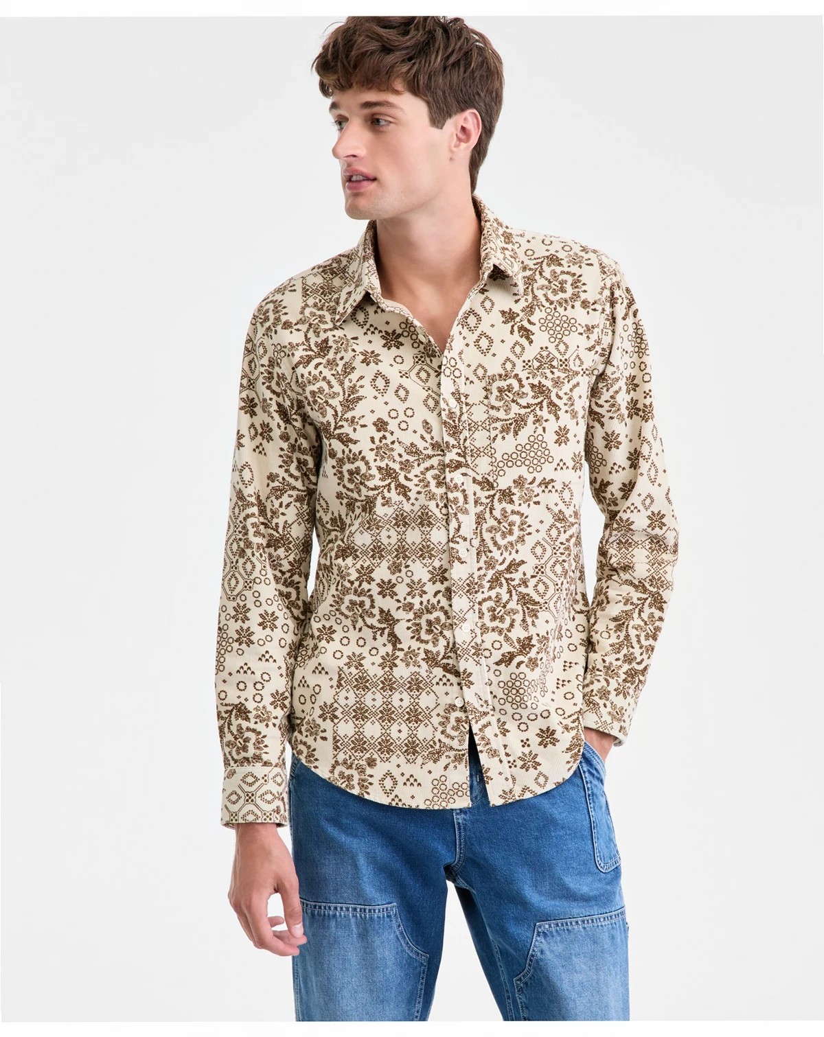 Men's Bonds Long-Sleeve Cotton Patchwork-Print Corduroy Shirt, Macy's Exclusive