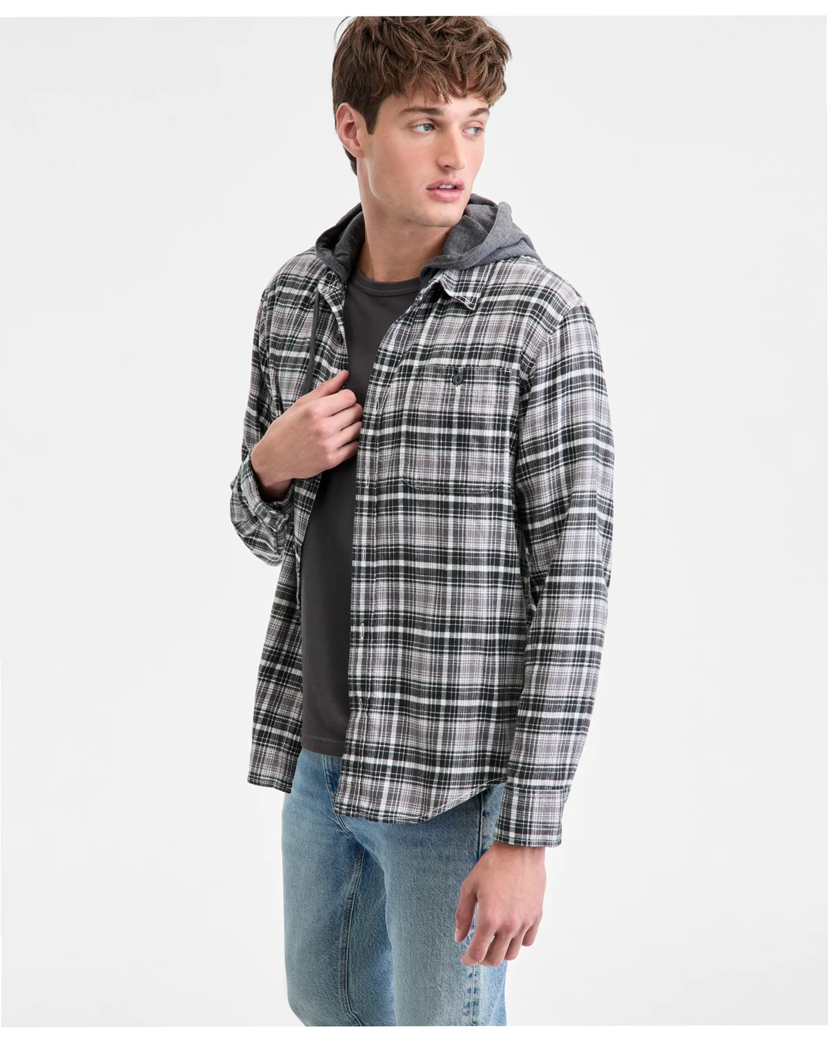 Men's Russel Layered-Look Hooded Cotton Flannel Plaid Shirt, Macy's Exclusive