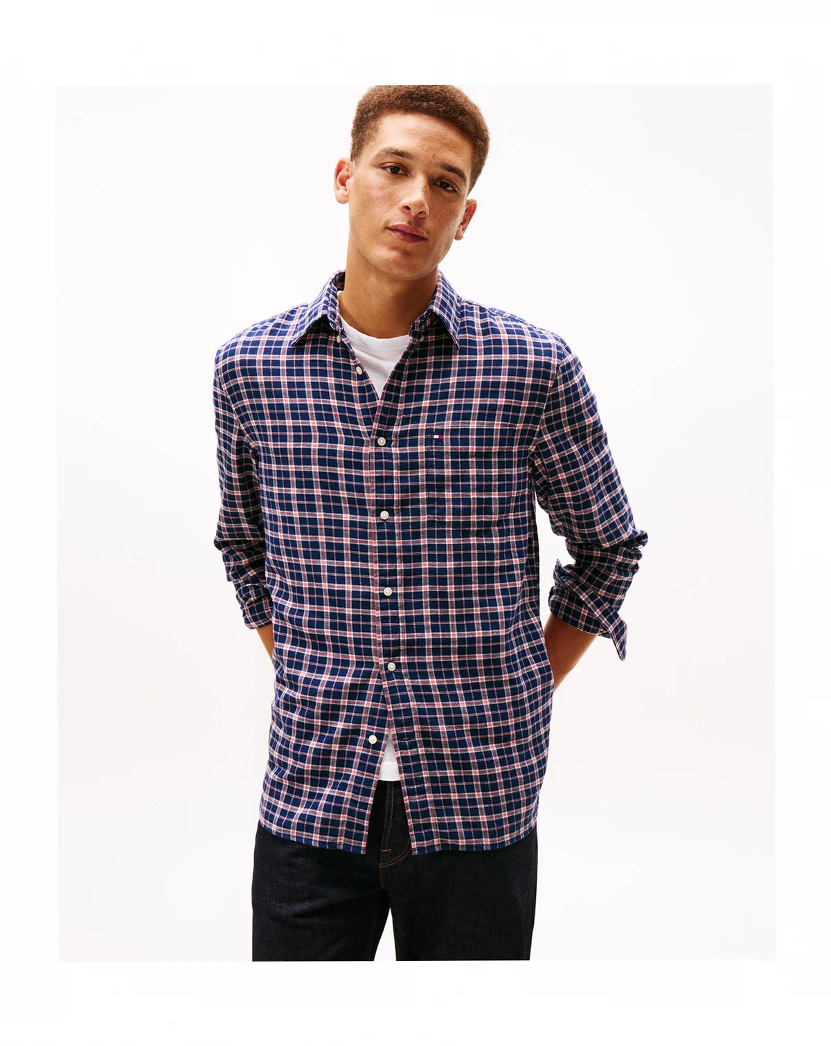 Men's Brushed Linen-Blend Medium Check Shirt