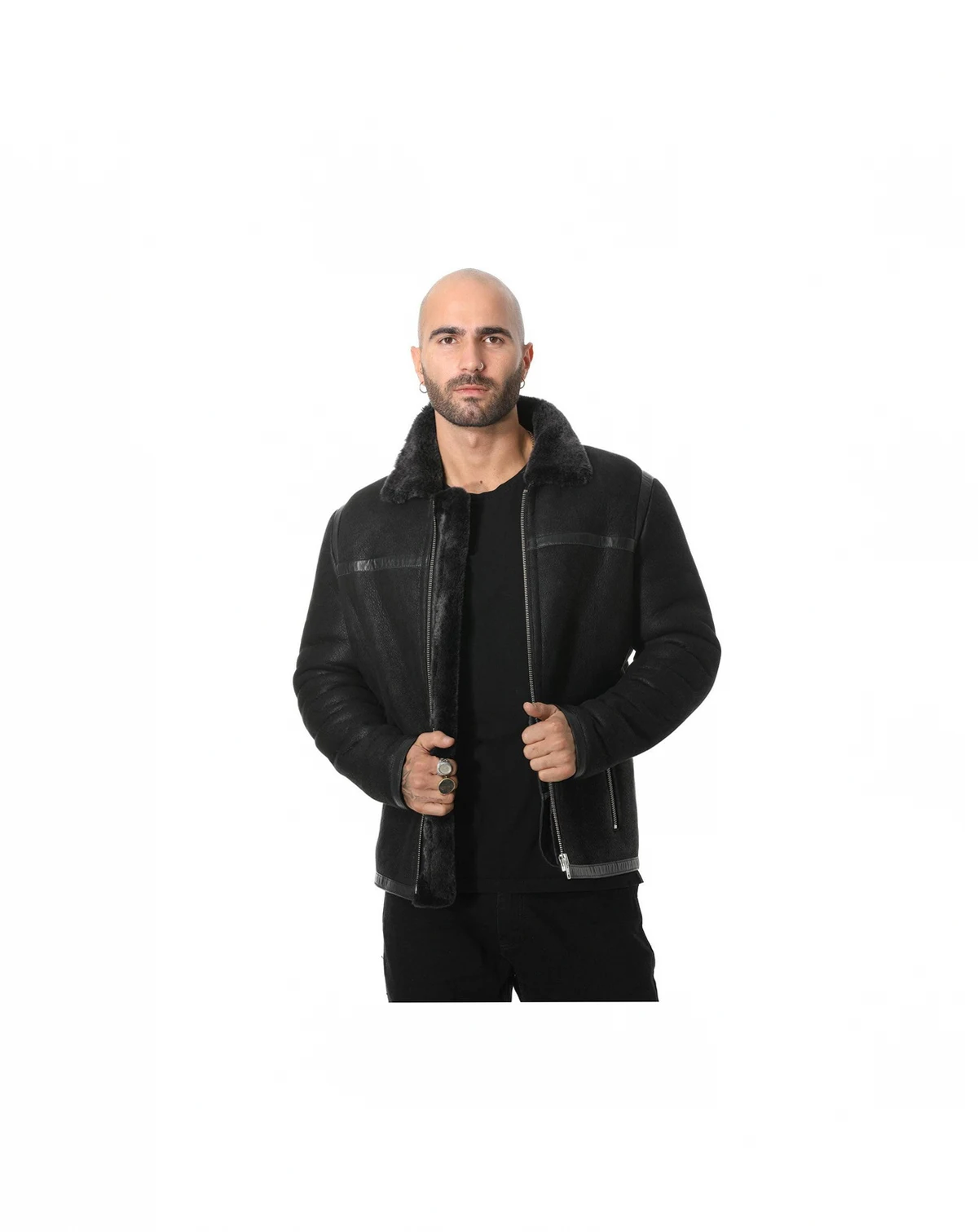 Men's Leather Banded Sheepskin Casual Jacket, Washed Black with Black Wool