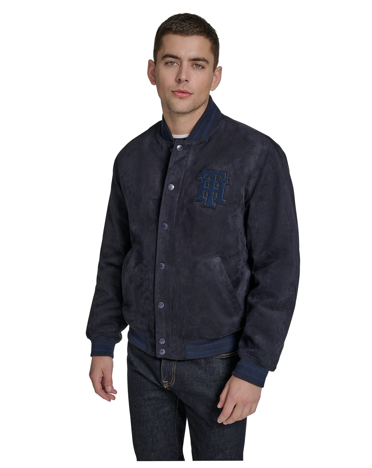 Men's Faux Suede Varsity Bomber with Patches