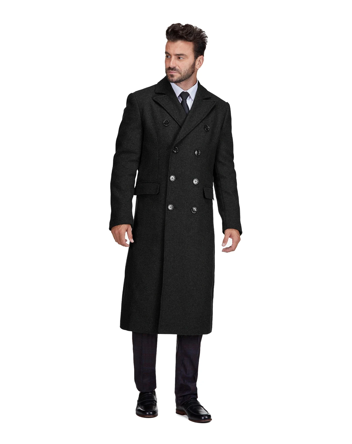 Men's Double-Breasted Knee Length Wool Blend Three Button Long Overcoat Top Coat