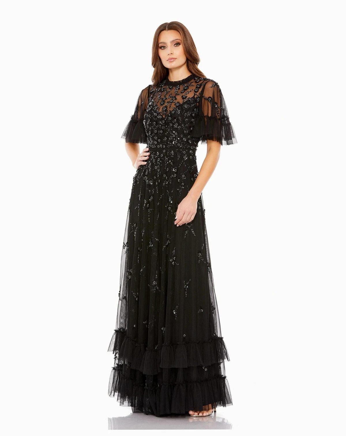 Women's Ruffled Floral Embellished Flutter Sleeve A-Line Gown