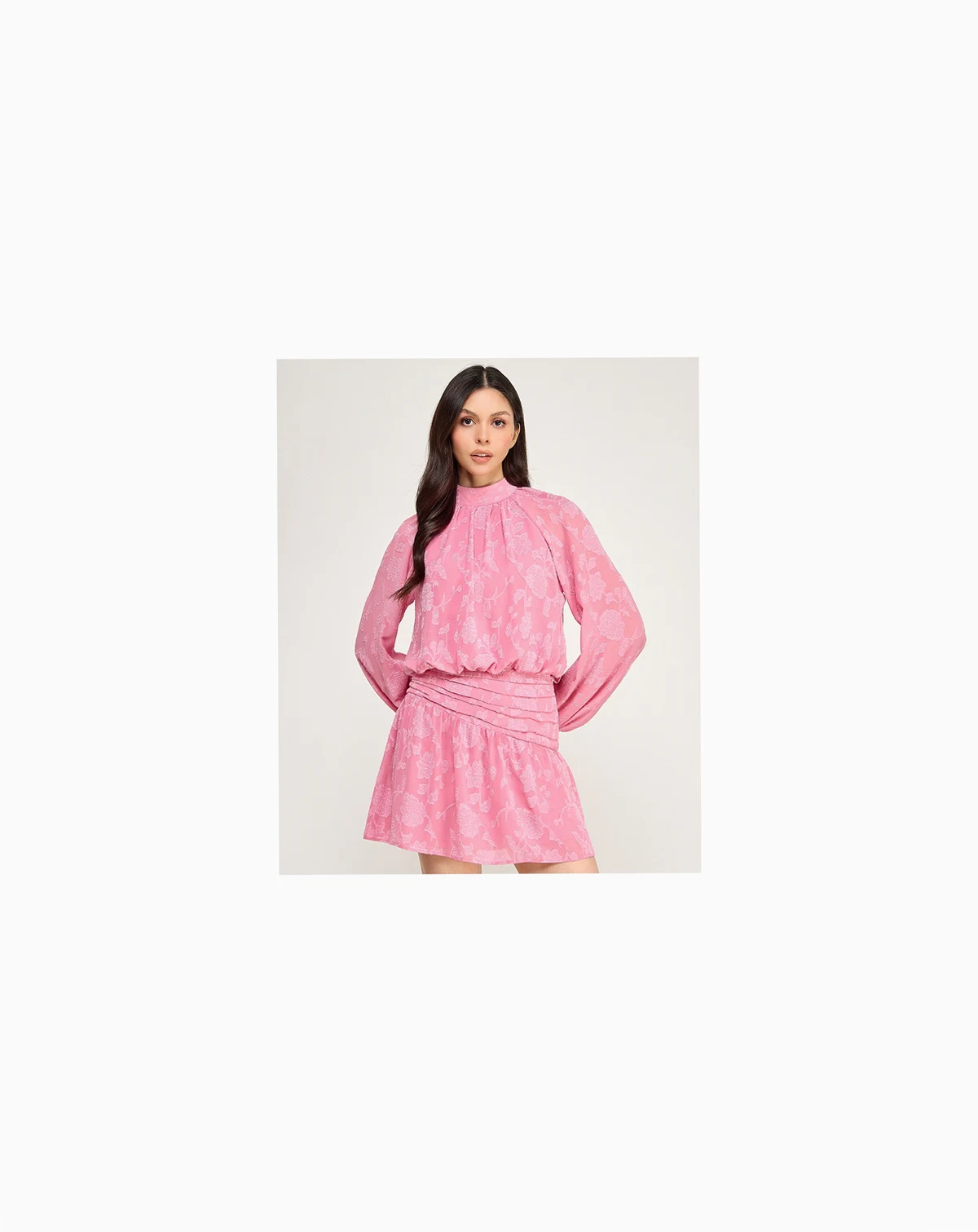 Juniors' Floral Pleated Mock Neck Dress