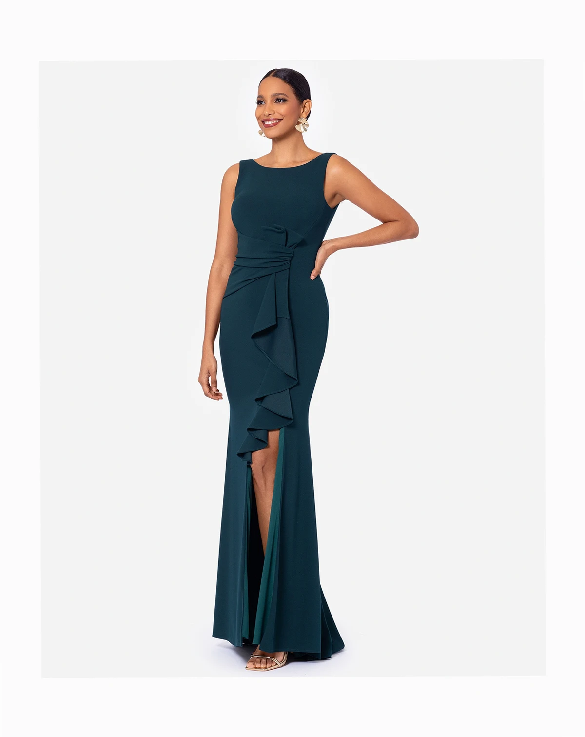 Betsy & Adam Women's Cascading-Ruffle Boat-Neck Gown