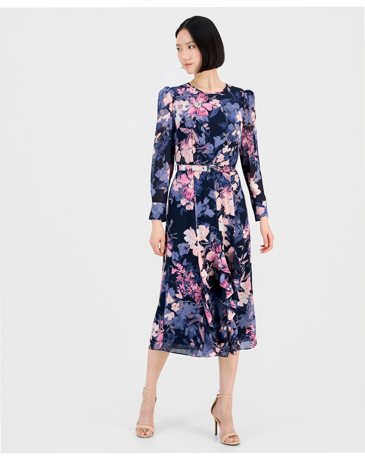Women's Floral Long-Sleeve Ruffled Dress