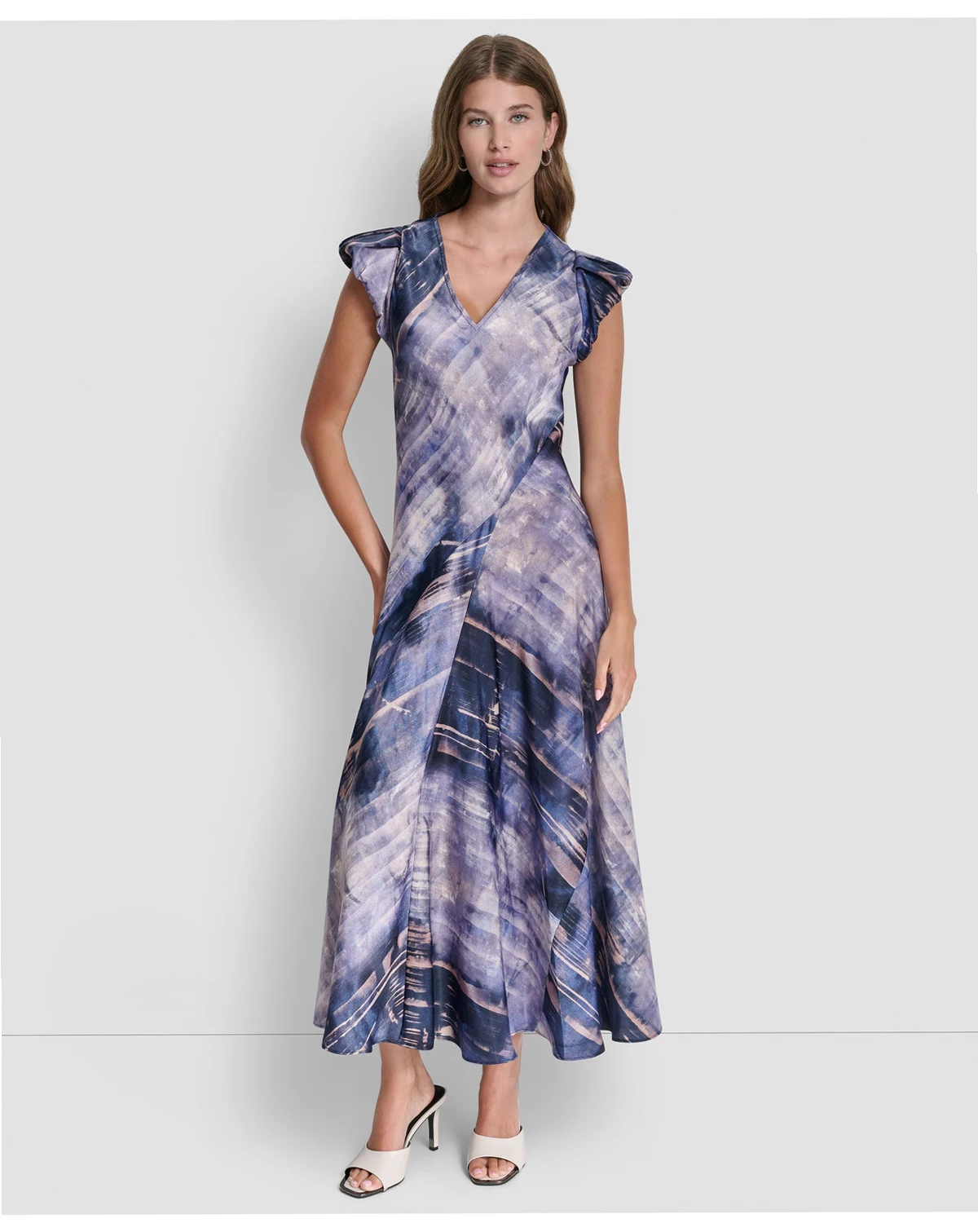 Women's Puff-Sleeve Printed Satin Bias Cut Dress