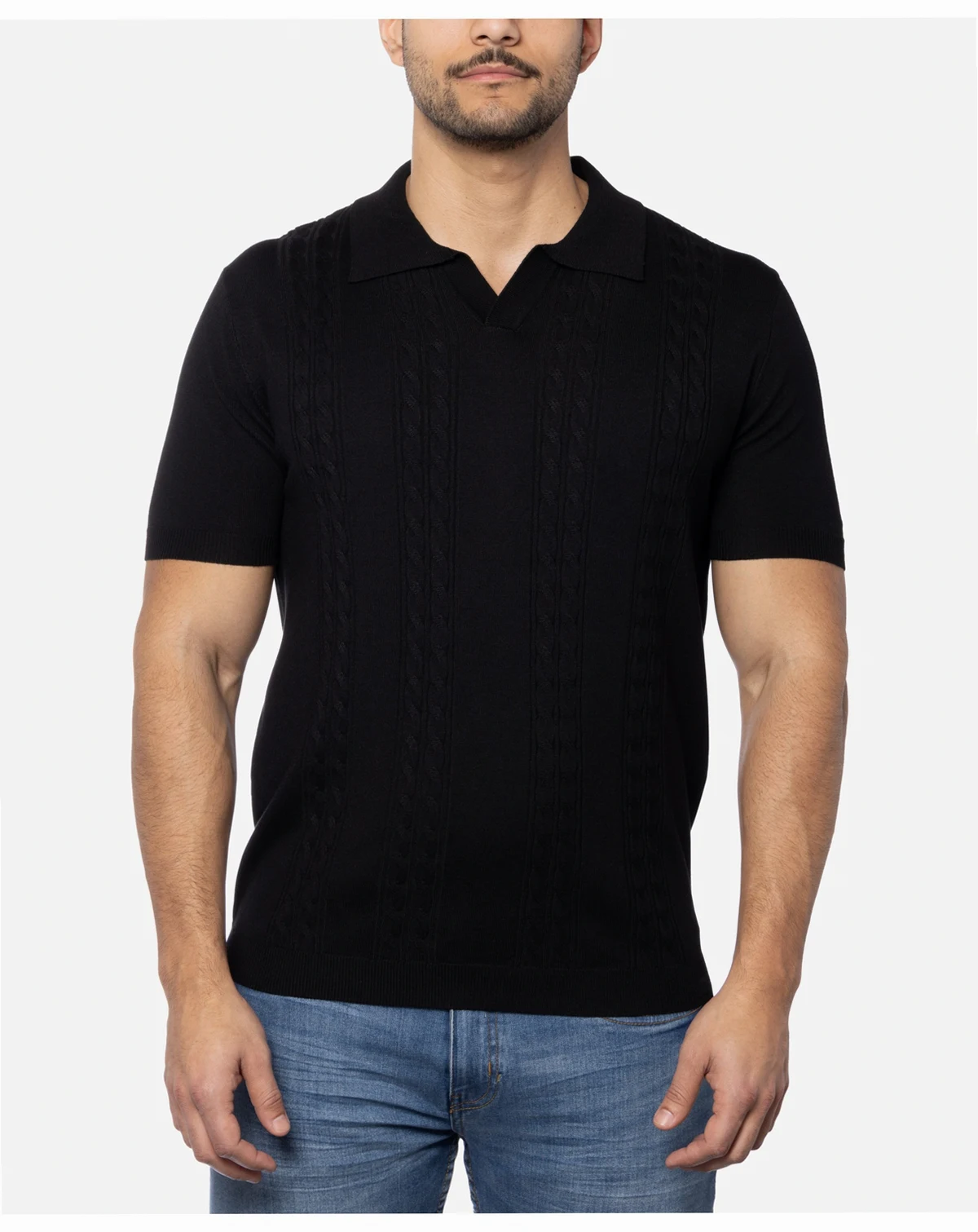 Men's Cable Knit Johnny Collar Short Sleeve Sweater Polo