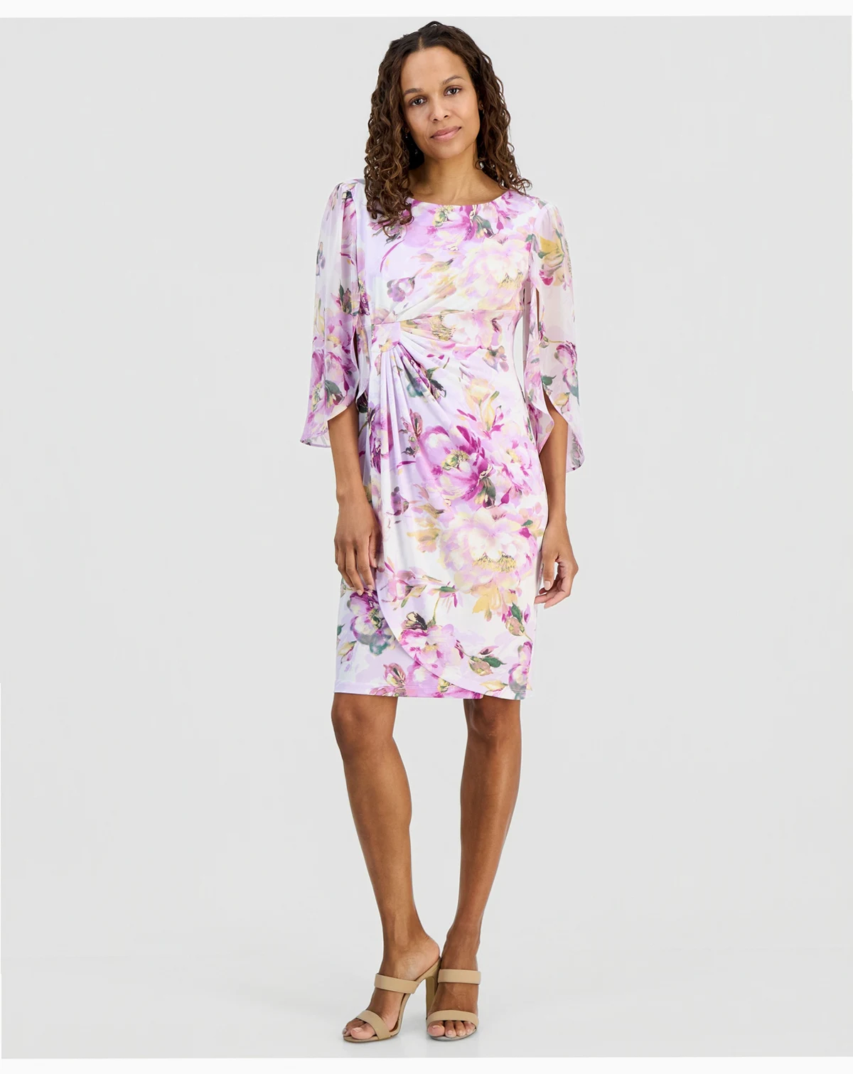 Petite Floral Gathered-Front Cape-Sleeve Dress