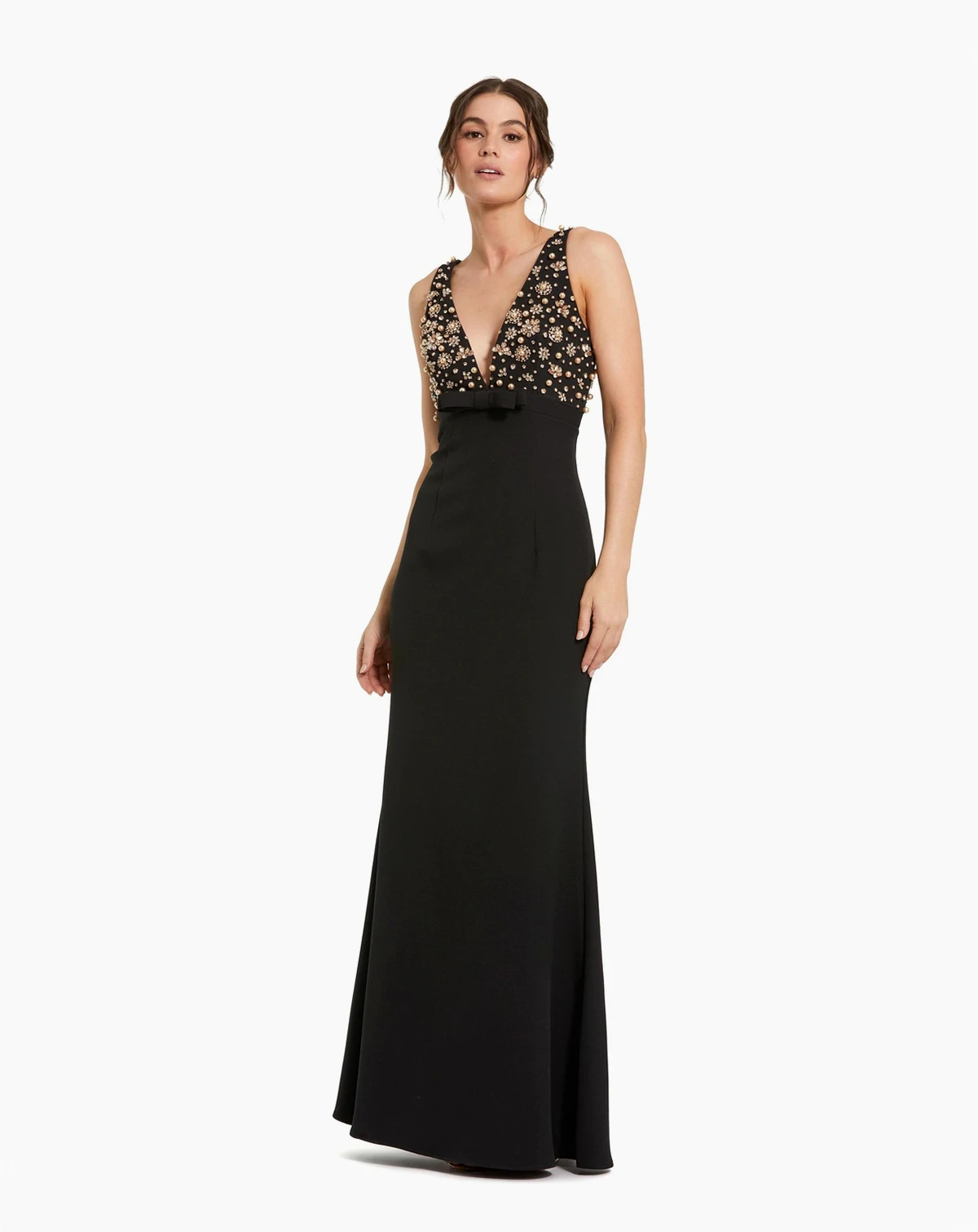 Petite Crepe Sleeveless Beaded V Neck Gown With Bow