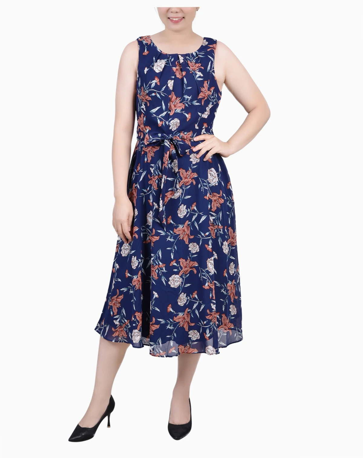 Petite Sleeveless Chiffon Belted Dress