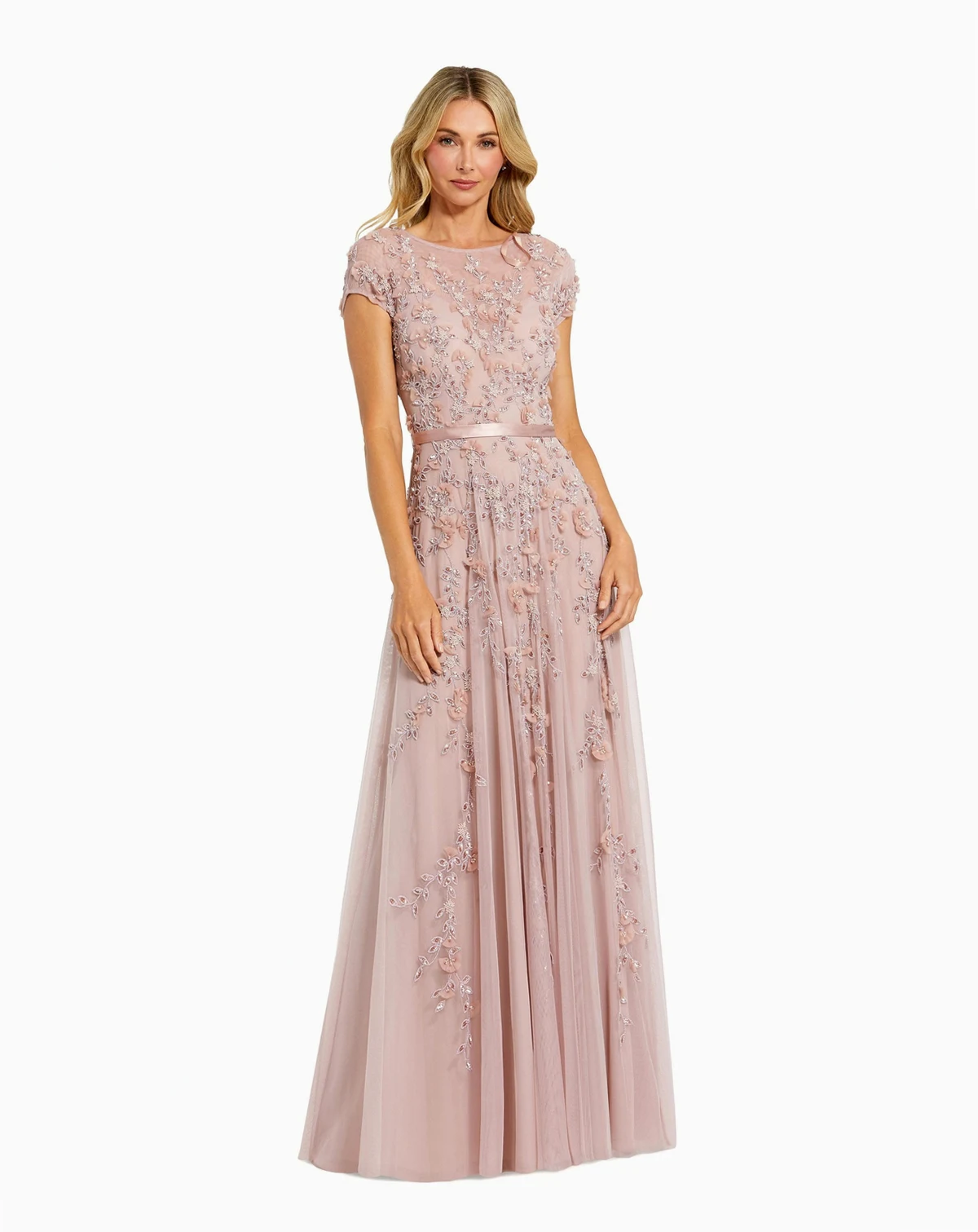 Petite Floral Embellished Cap Sleeve Gown