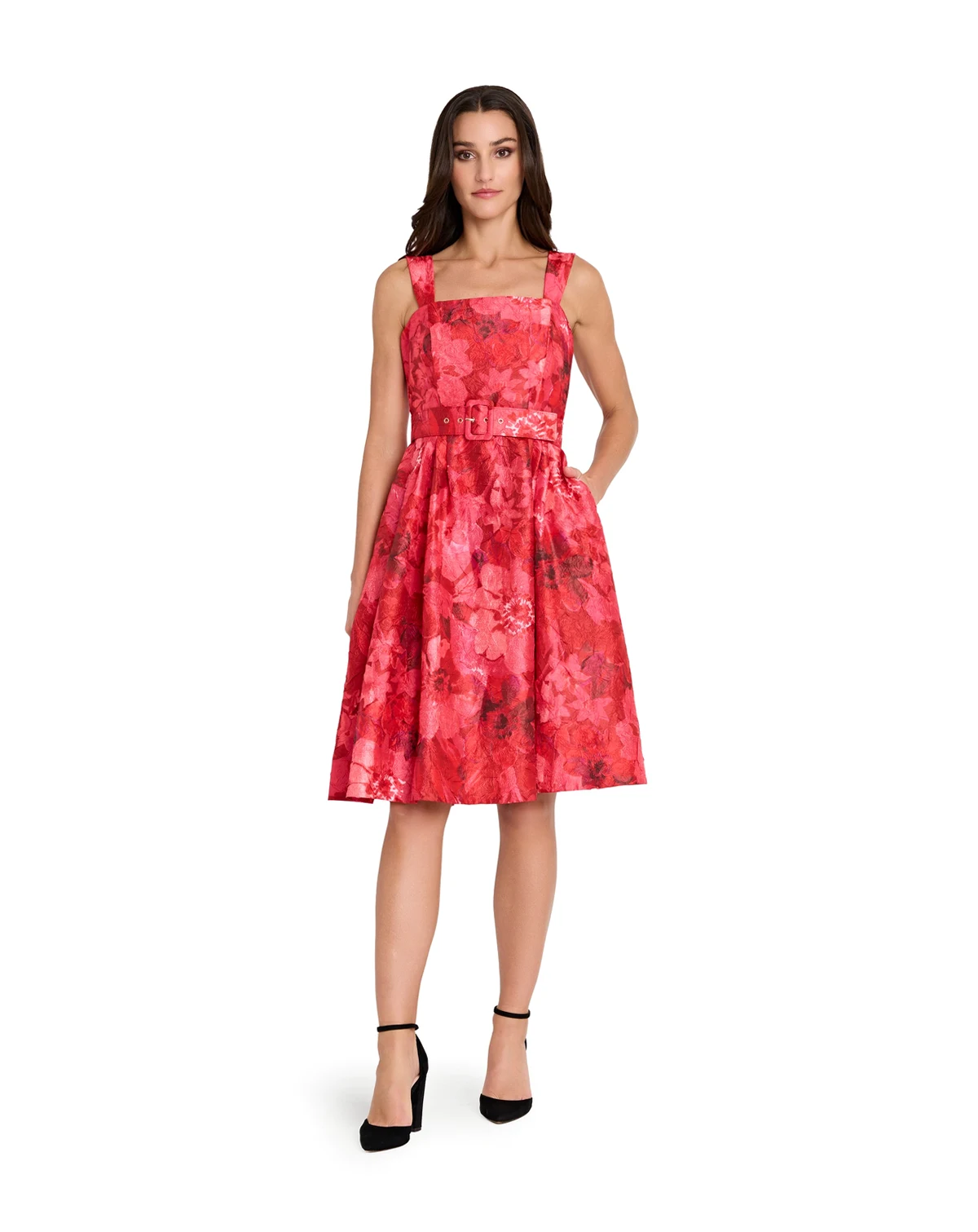 Women's Square Neck Printed Jacquard Fit and Flare Dress