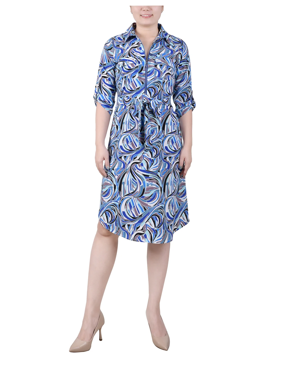 Petite 3/4 Roll Tab Zip Front Shirtdress