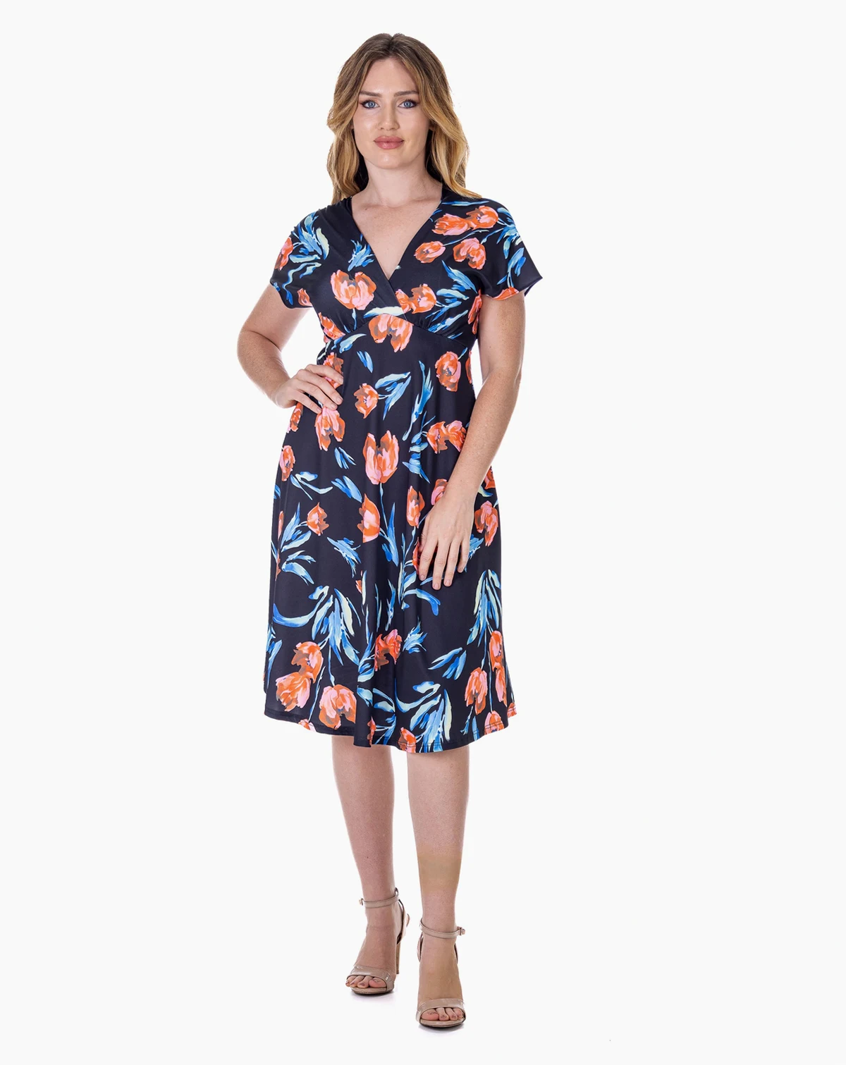 Petite Tulip Print Empire Waist Kimono Cap Sleeve Knee Length Dress