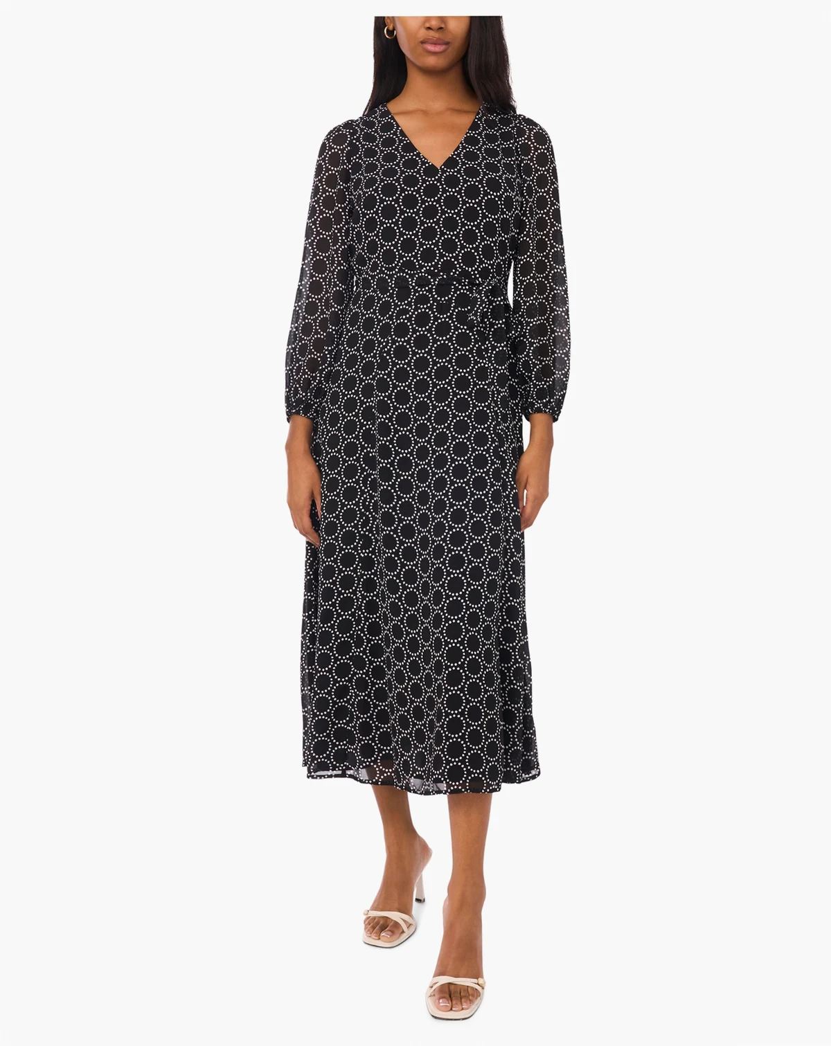 Petite Geometric Print V-Neck Long Sleeves Midi Dress