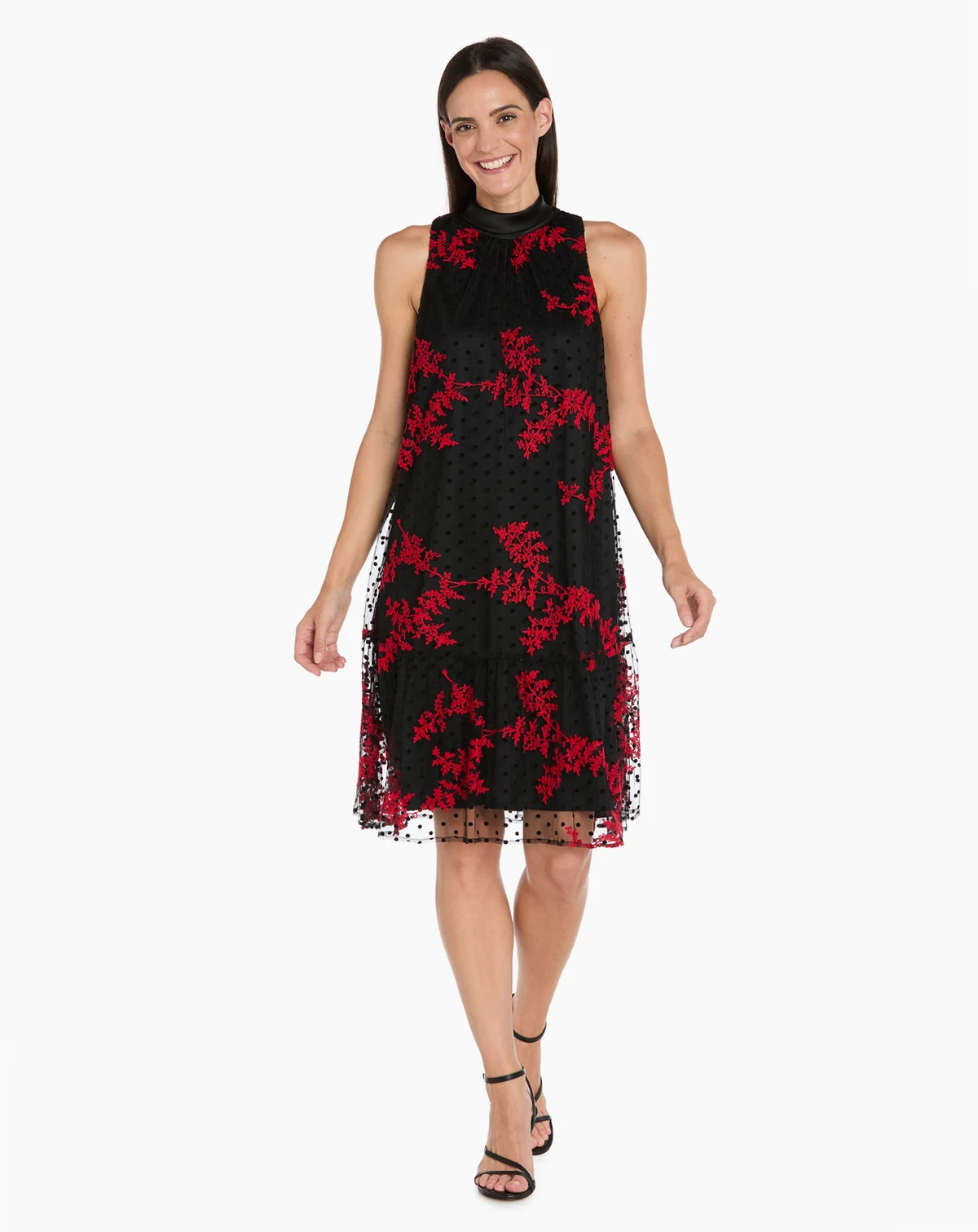 Petite Embroidered Mesh Trapeze Midi Dress