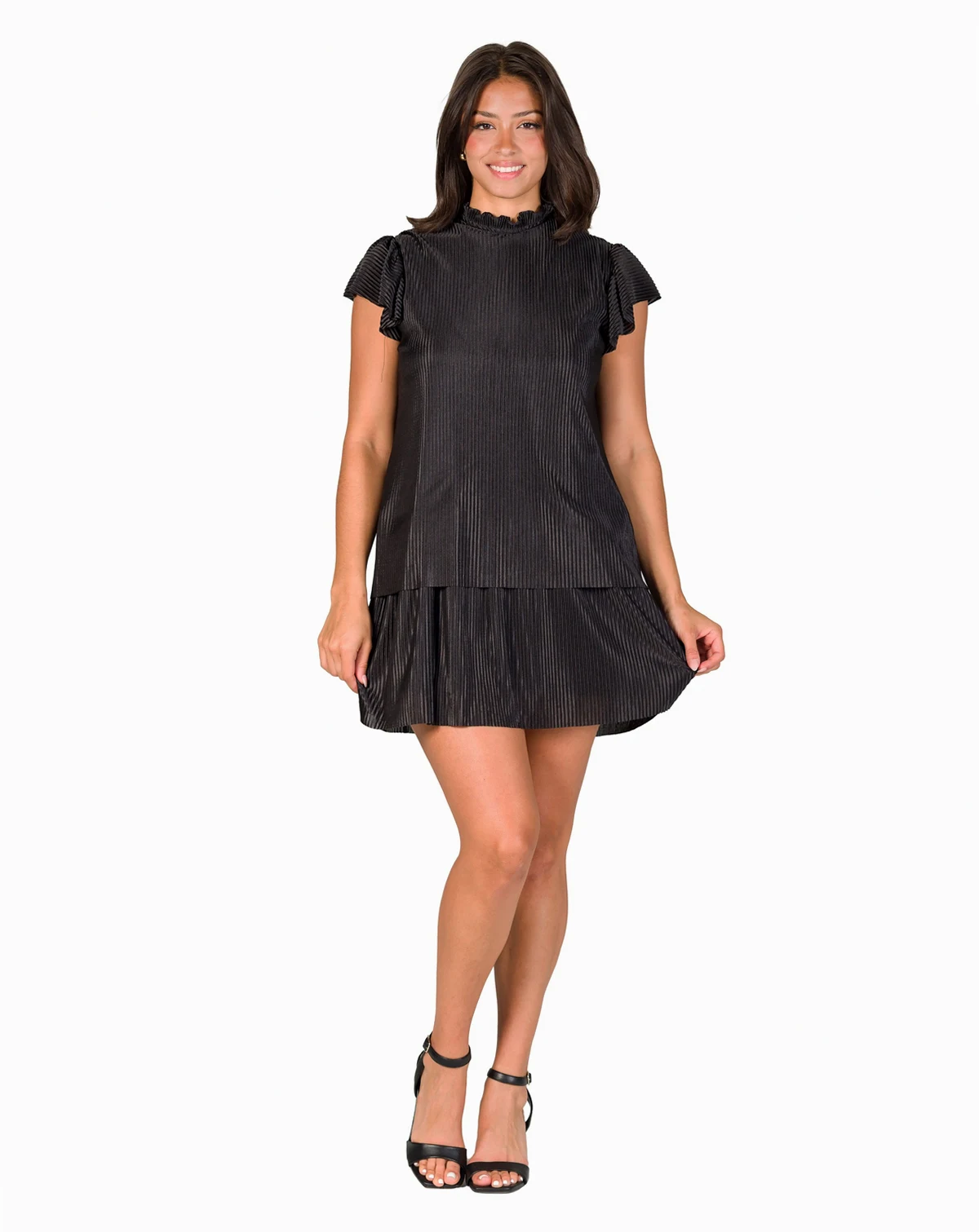 Petite Ruffle Cap Sleeve Pleated Tiered Mini Dress