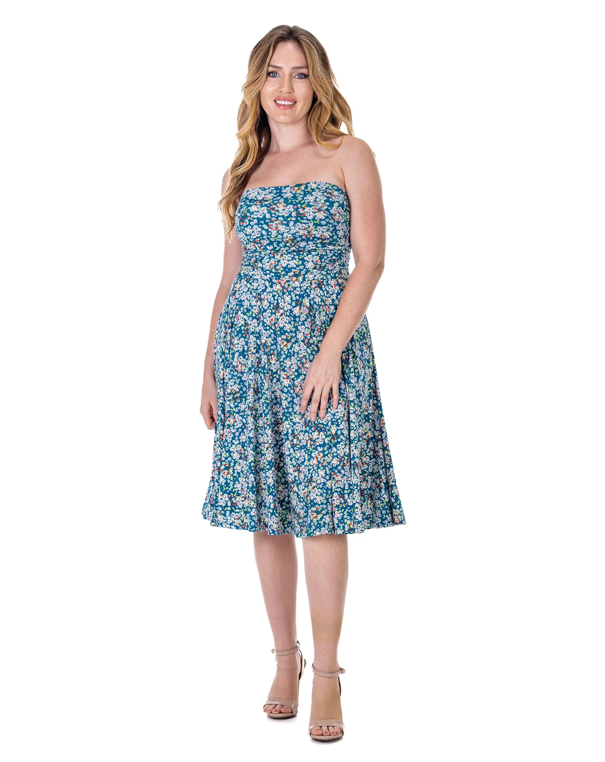Petite Teal Floral Strapless Tube Top Flowy Knee Length Dress