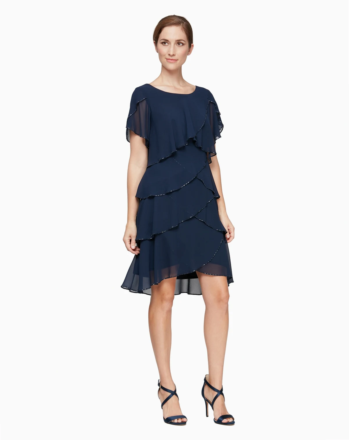 Petite Bugle Bead Tiered Cocktail Dress