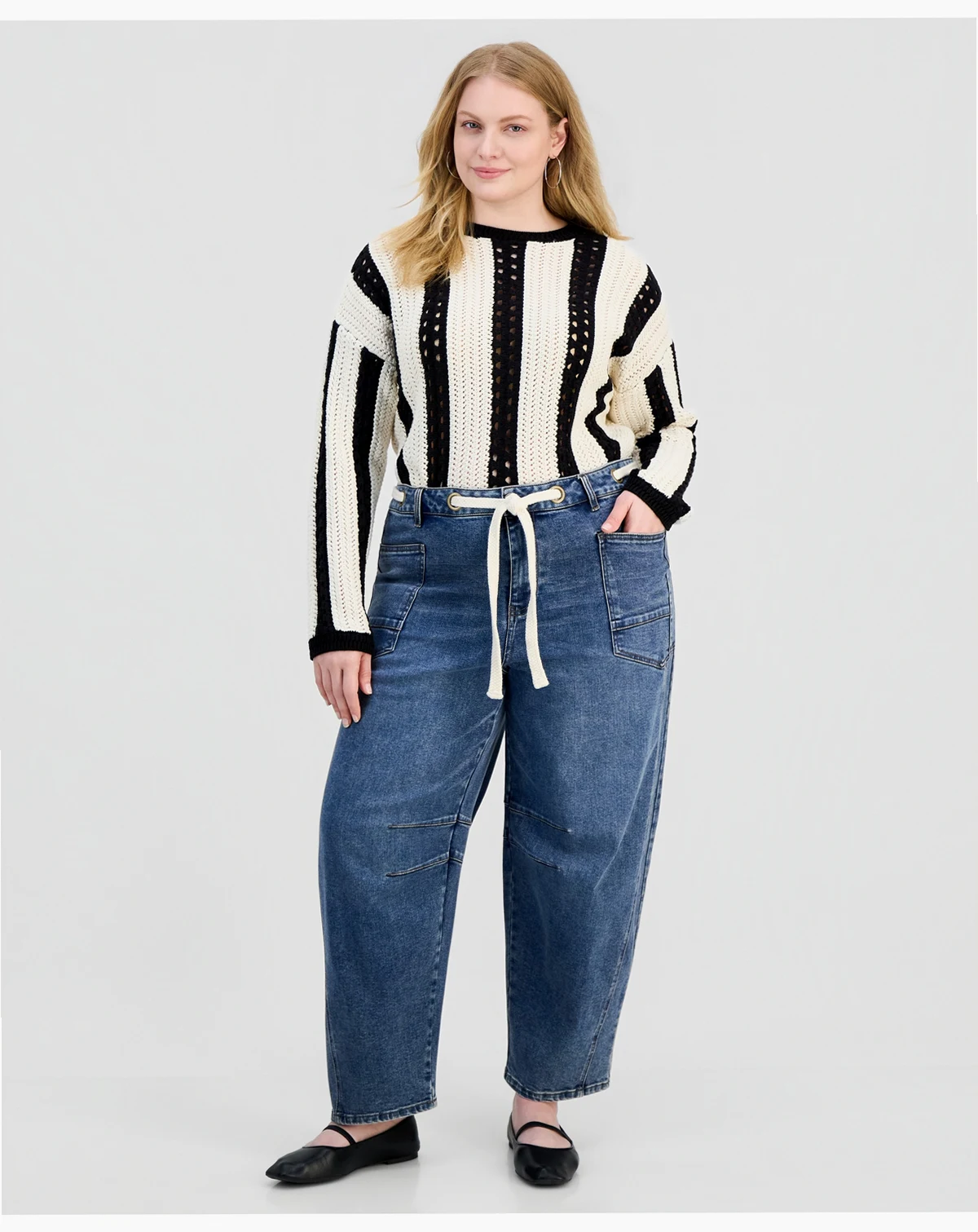 Trendy Plus Size Tie-Waist Barrel Jeans, Macy's Exclusive