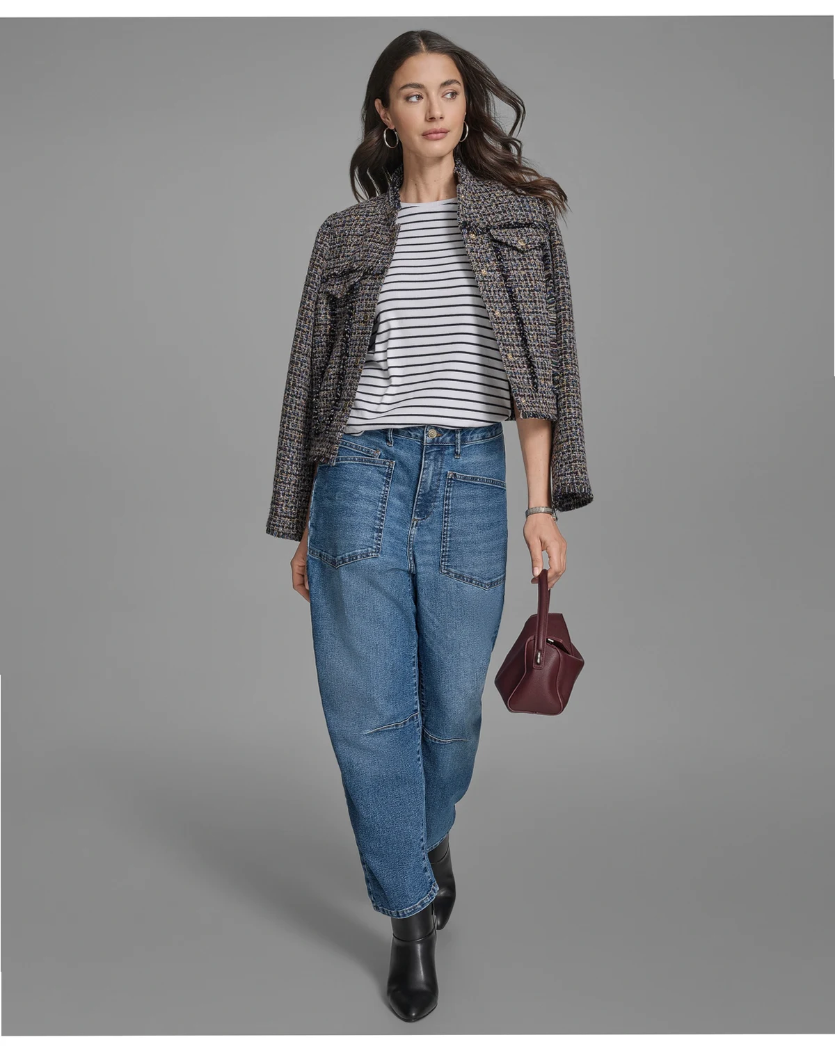 Women's Tweed Jacket, Stripe Crew, and Barrell Jeans
