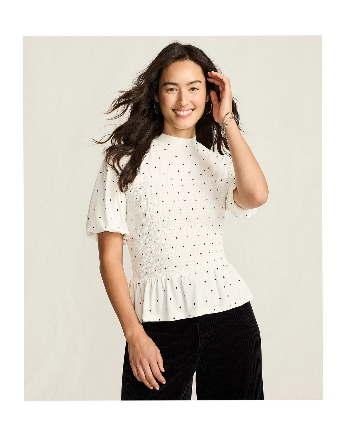 Women's Bubble Sleeve Silky Knit Smocked Mock Neck Top