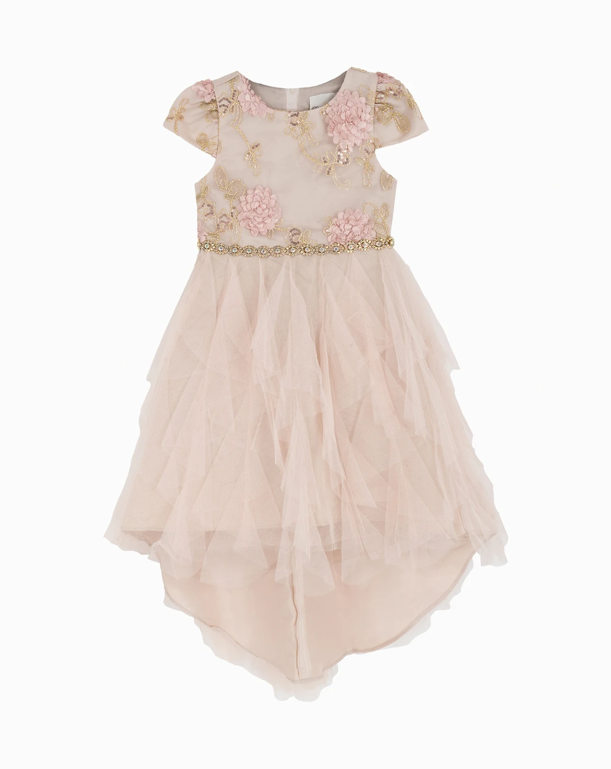 Girls' 2T-6X Round Neck Cascading Detail Mesh Dress