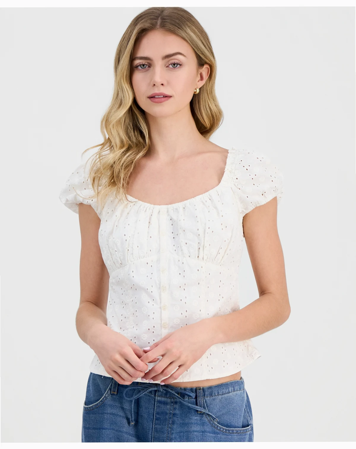 Juniors' Eyelet Short-Sleeve Button-Front Top