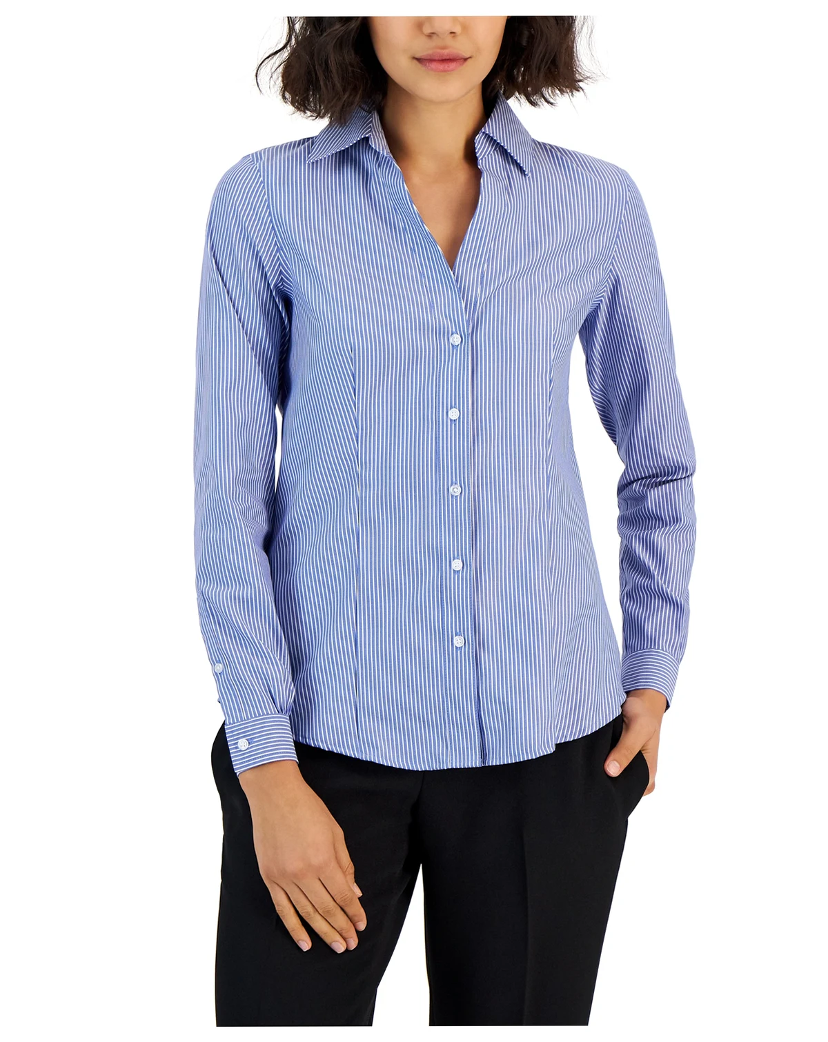 Women's Striped Easy Care Button Up Long Sleeve Blouse