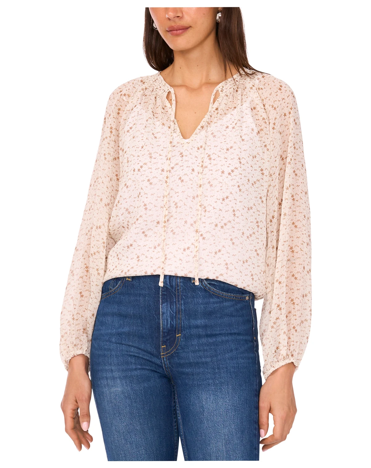 Women's Tie-Neck Shirring Long-Sleeve Peasant Blouse
