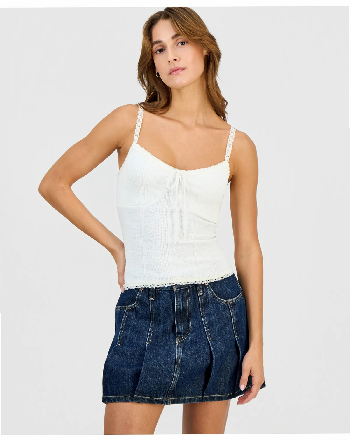 Junior's Textured-Knit Lace-Trim Cami Top