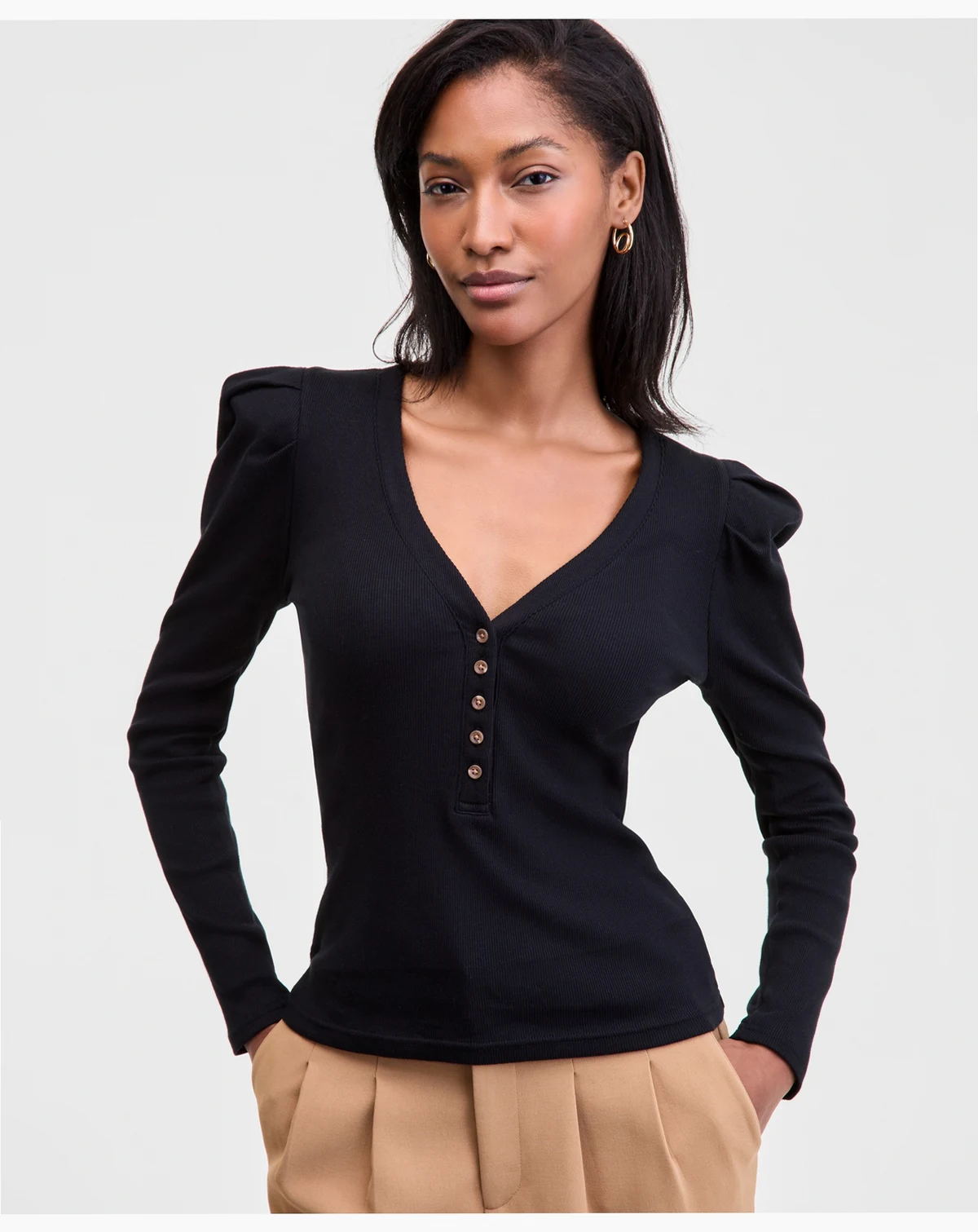 Women's Puff-Shoulder Long-Sleeve Henley T-Shirt, Macy's Exclusive