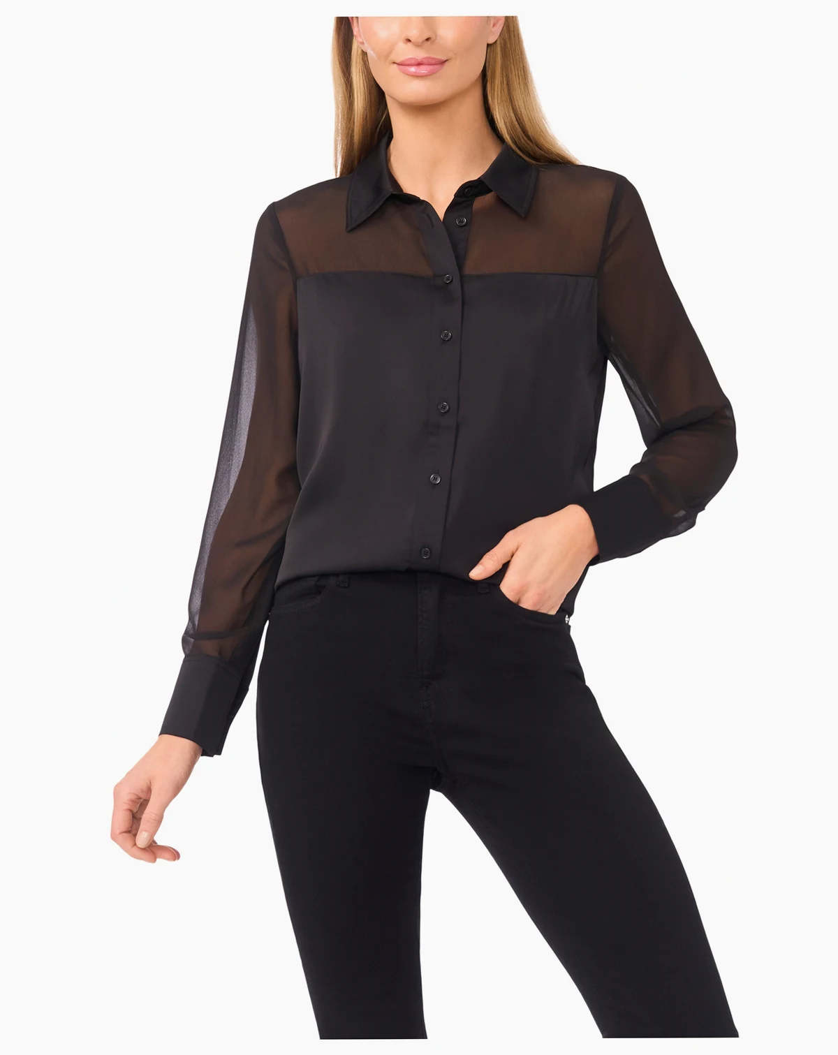 Women's Sheer Combo Button Down Long-Sleeve Top
