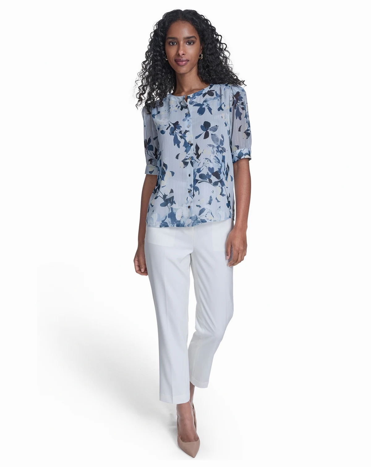 Petite Short-Sleeve Button Front Top