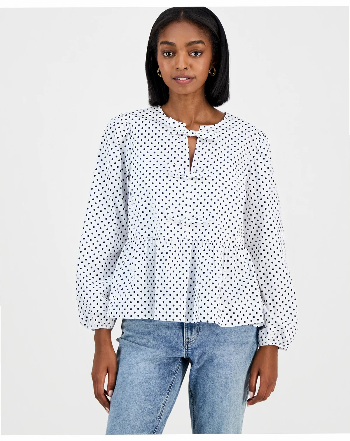 Nautica Women's Dot-Print Bow-Trim Cotton Peplum Blouse
