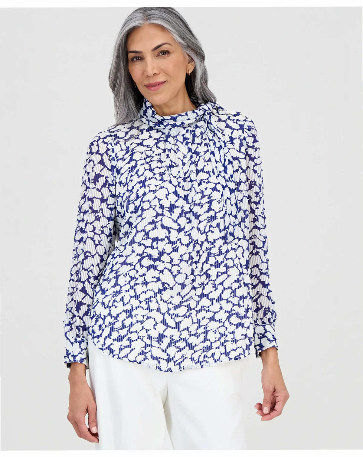Women's printed High-Tie-Neck Long-Sleeve Top