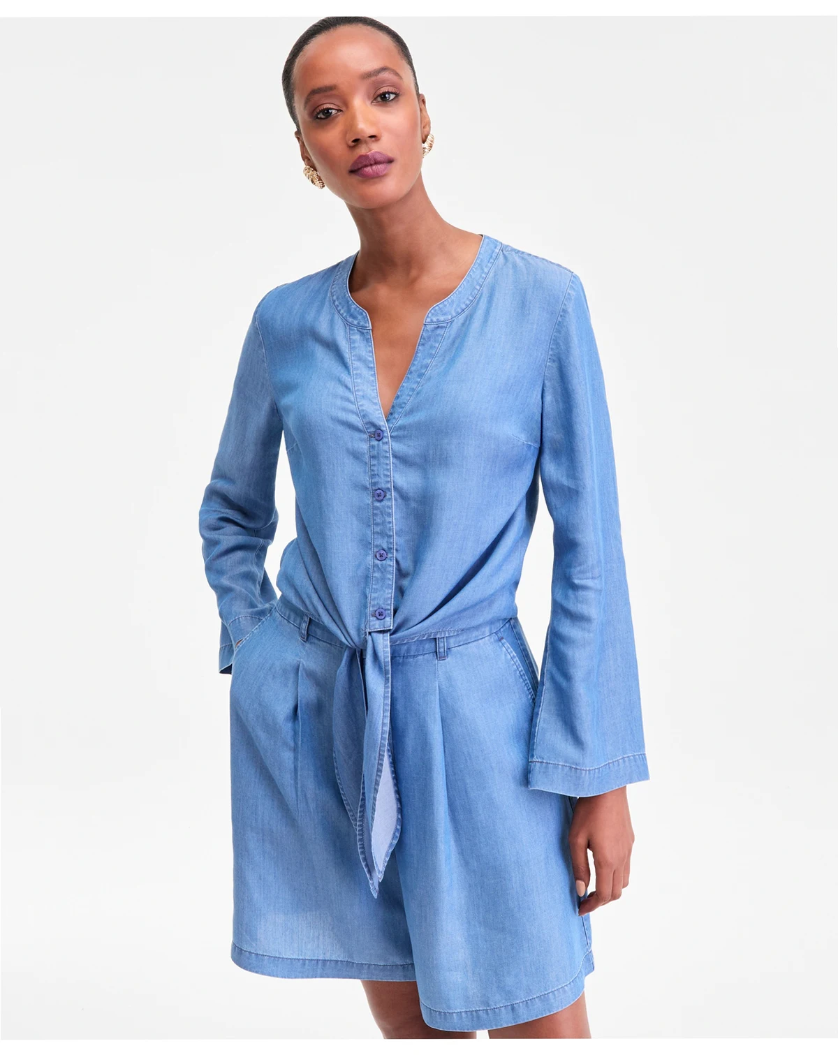 Women's Chambray Long-Sleeve Tie-Front Top, Macy's Exclusive