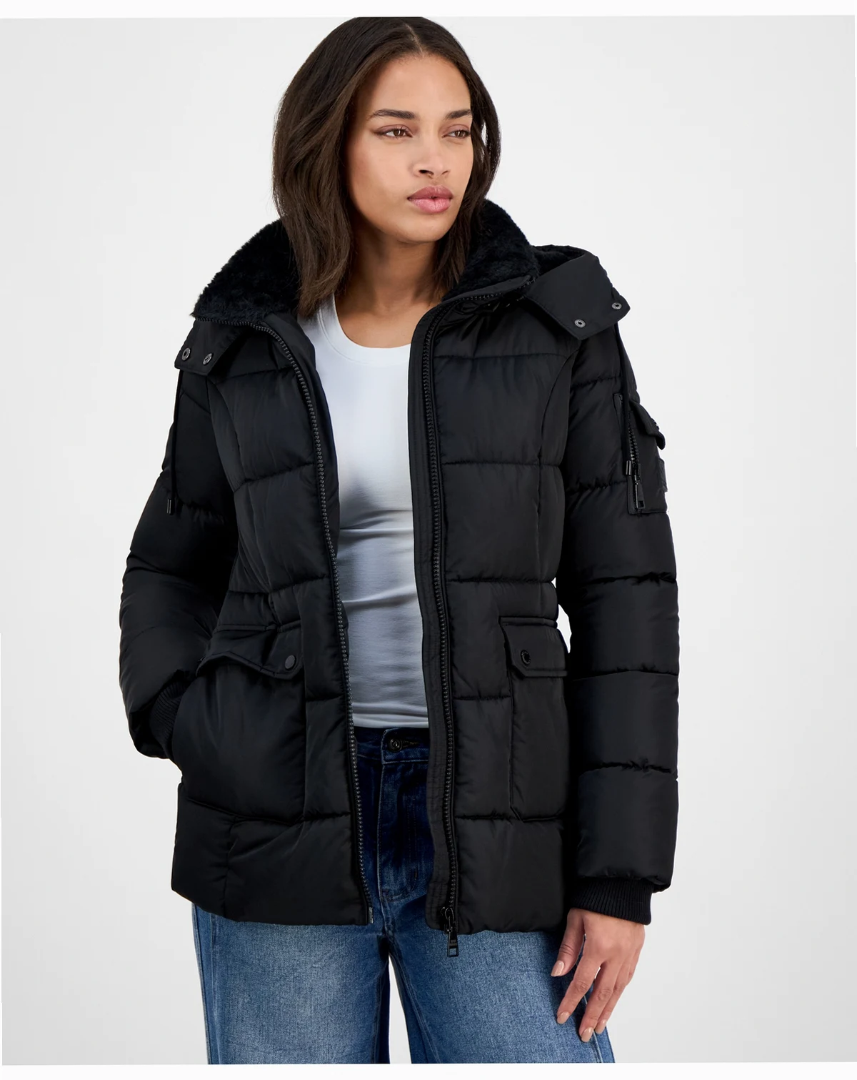 Women's Faux-Fur-Trim Hooded Utility-Pocket Puffer Coat