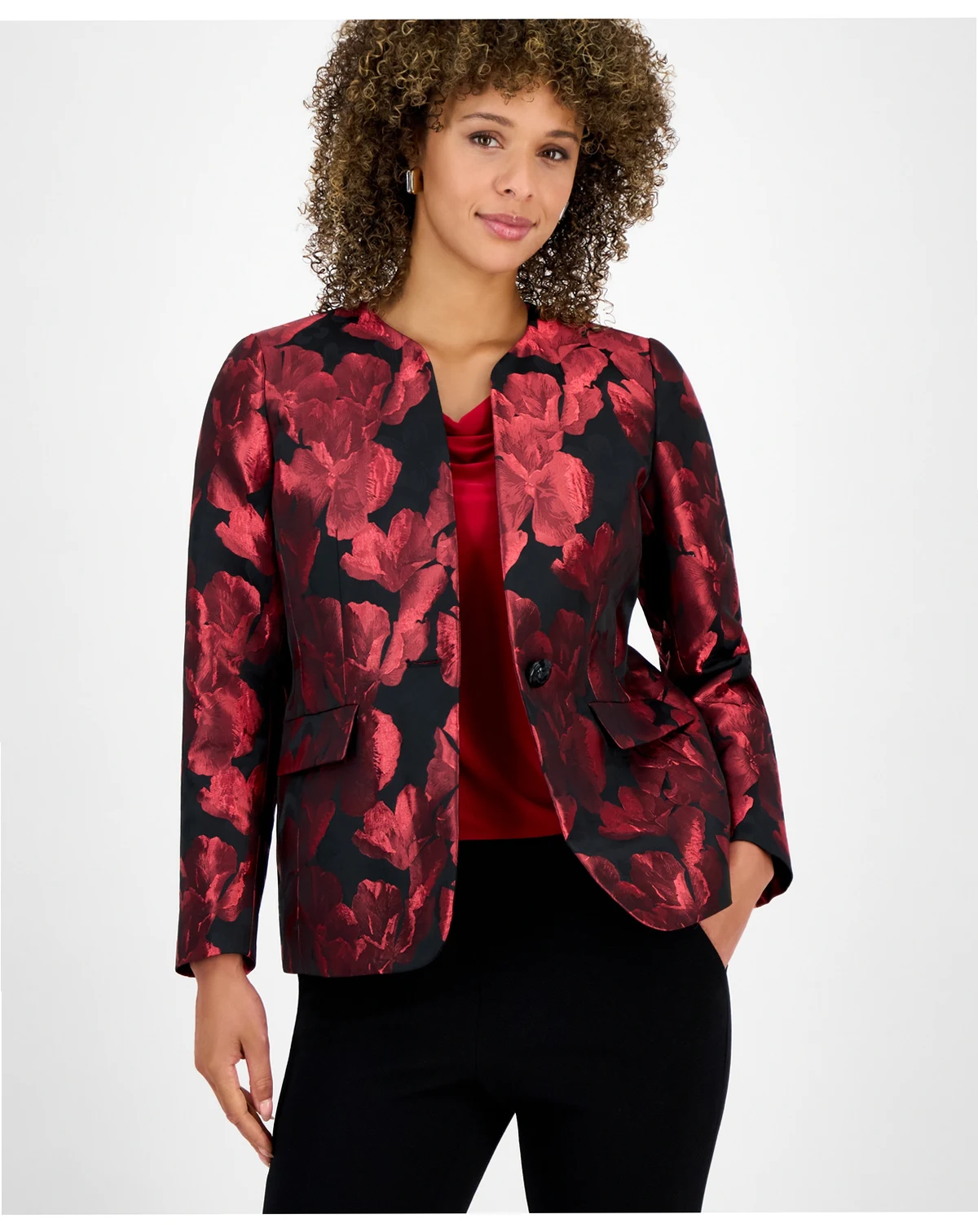 Women's Metallic Jacquard Collarless Jacket, Regular and Petite Sizes