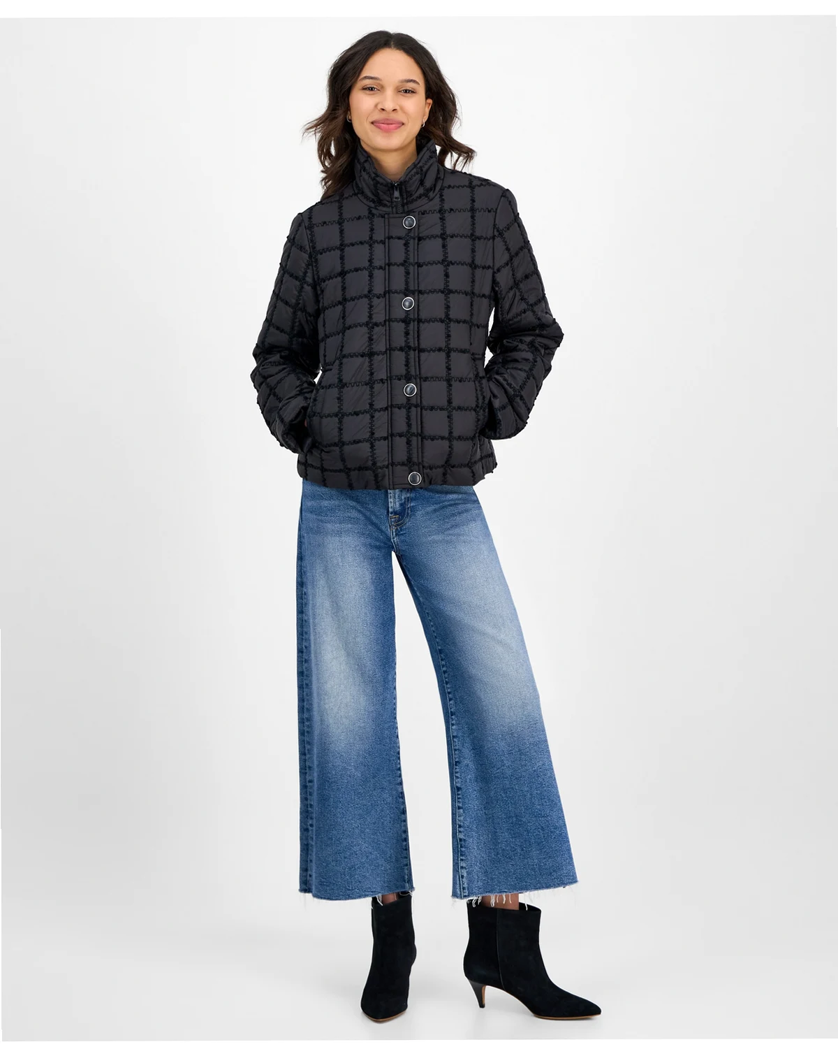Women's Short Bouclé Windowpane Quilted Coat