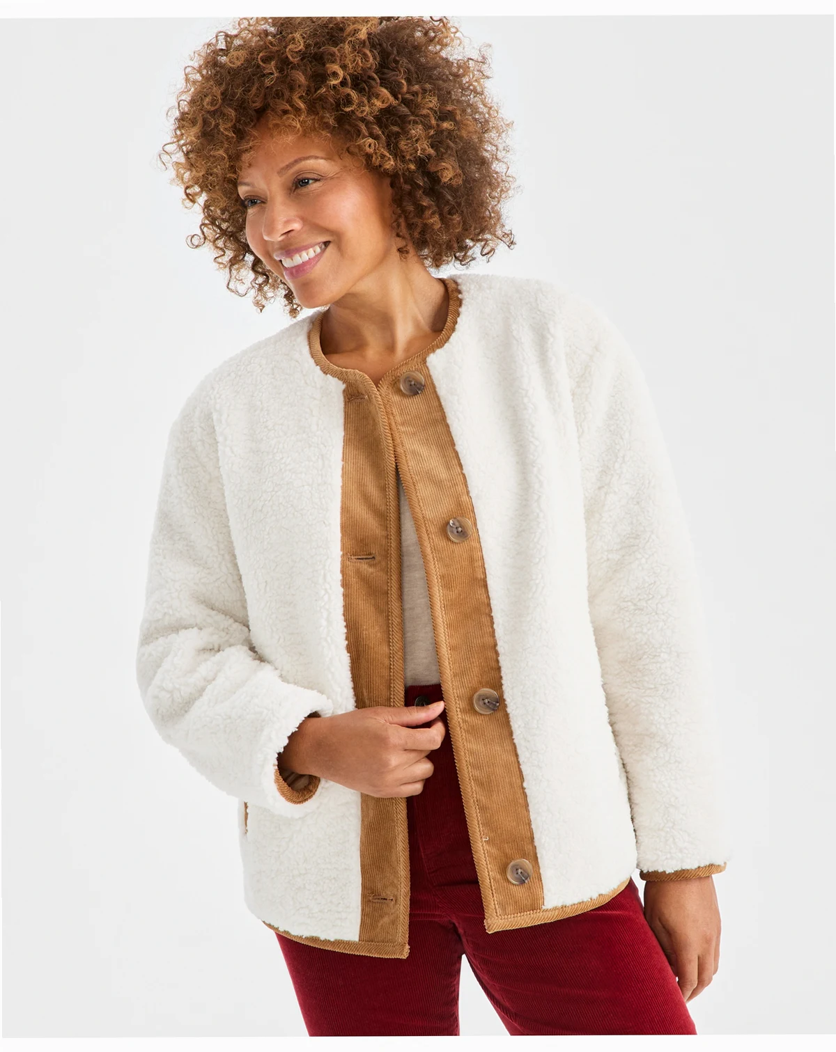 Women's Sherpa Jacket with Corduroy Trim, Macy's Exclusive