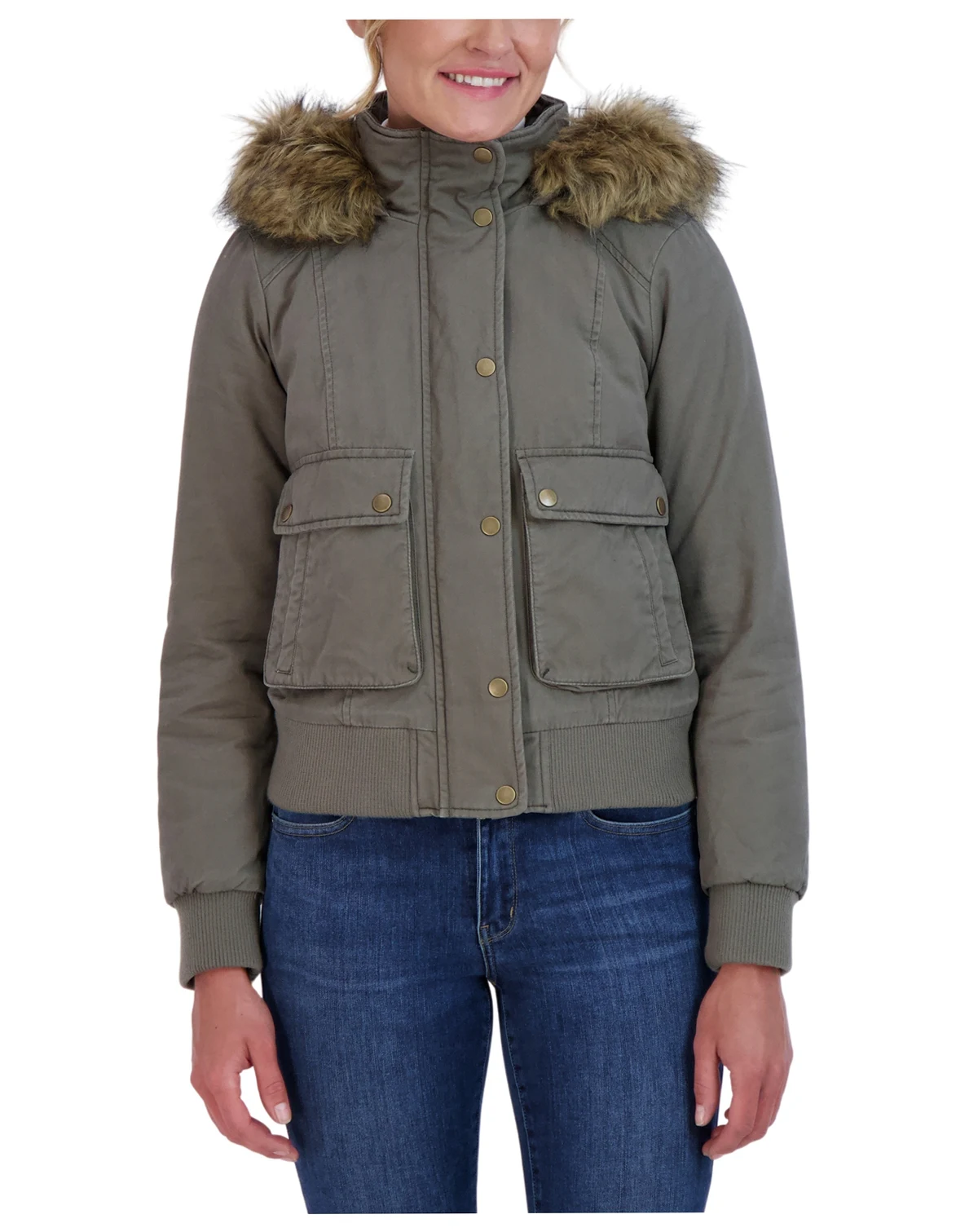 Juniors' Juniors' Cotton Faux Fur Trimmed Bomber Jacket