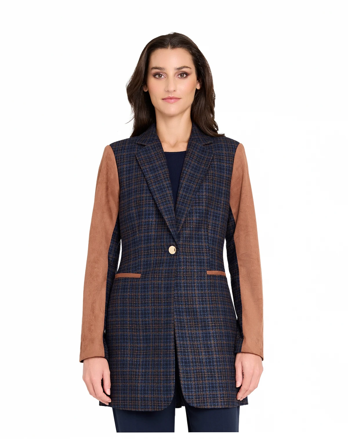 Women's Mixed Media Plaid One-Button Jacket