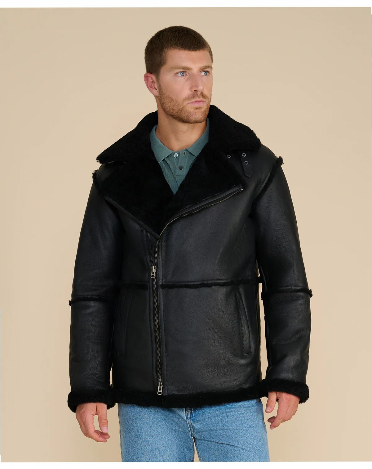 Men's Shearling Aviator Jacket, Wool Trim
