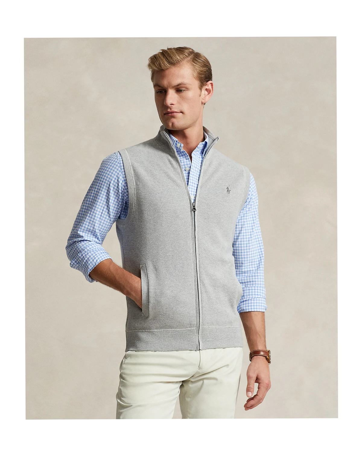 Men's Mesh-Knit Cotton Full-Zip Sweater Vest